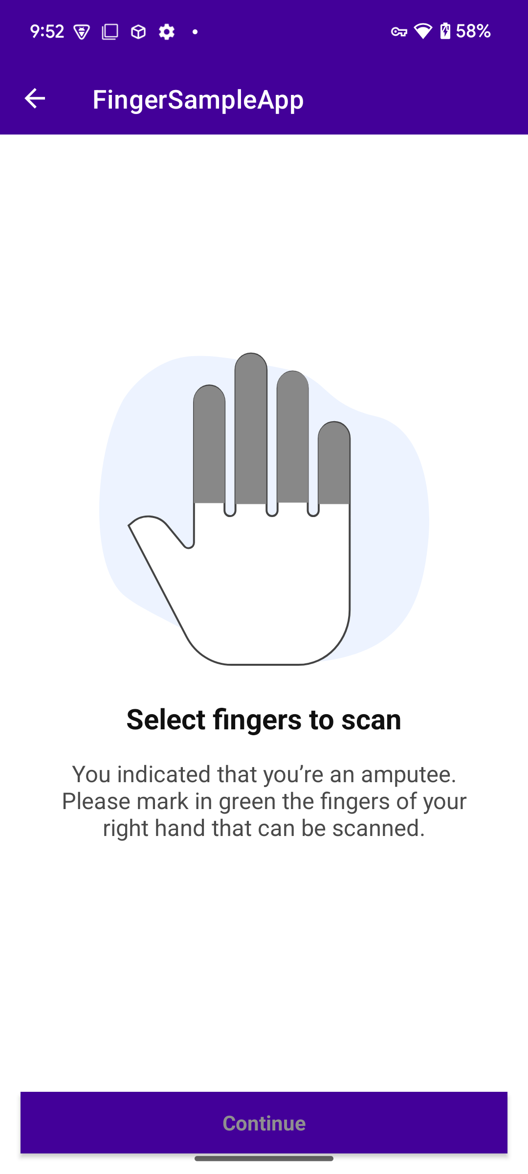 FingerSampleApp amputee screen